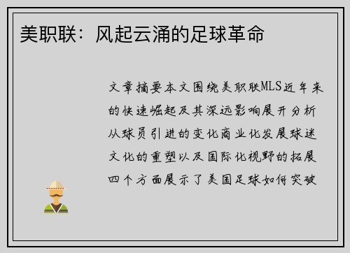 美职联:风起云涌的足球革命 美职联:风起云涌的足球革命