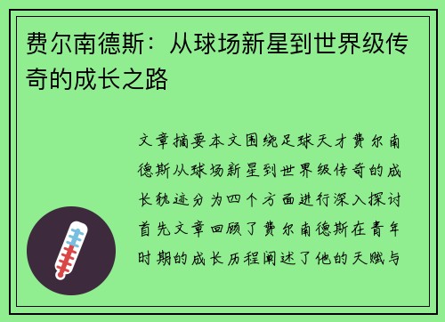 费尔南德斯:从球场新星到世界级传奇的成长之路 费尔南德斯:从球场新星到世界级传奇的成长之路