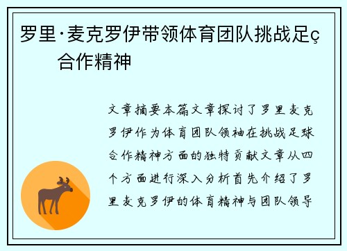罗里·麦克罗伊带领体育团队挑战足球合作精神 罗里·麦克罗伊带领体育团队挑战足球合作精神