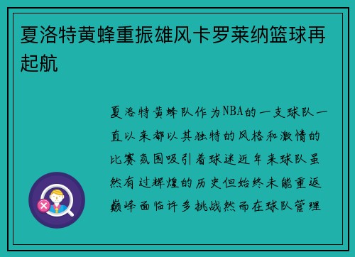 夏洛特黄蜂重振雄风卡罗莱纳篮球再起航 夏洛特黄蜂重振雄风卡罗莱纳篮球再起航